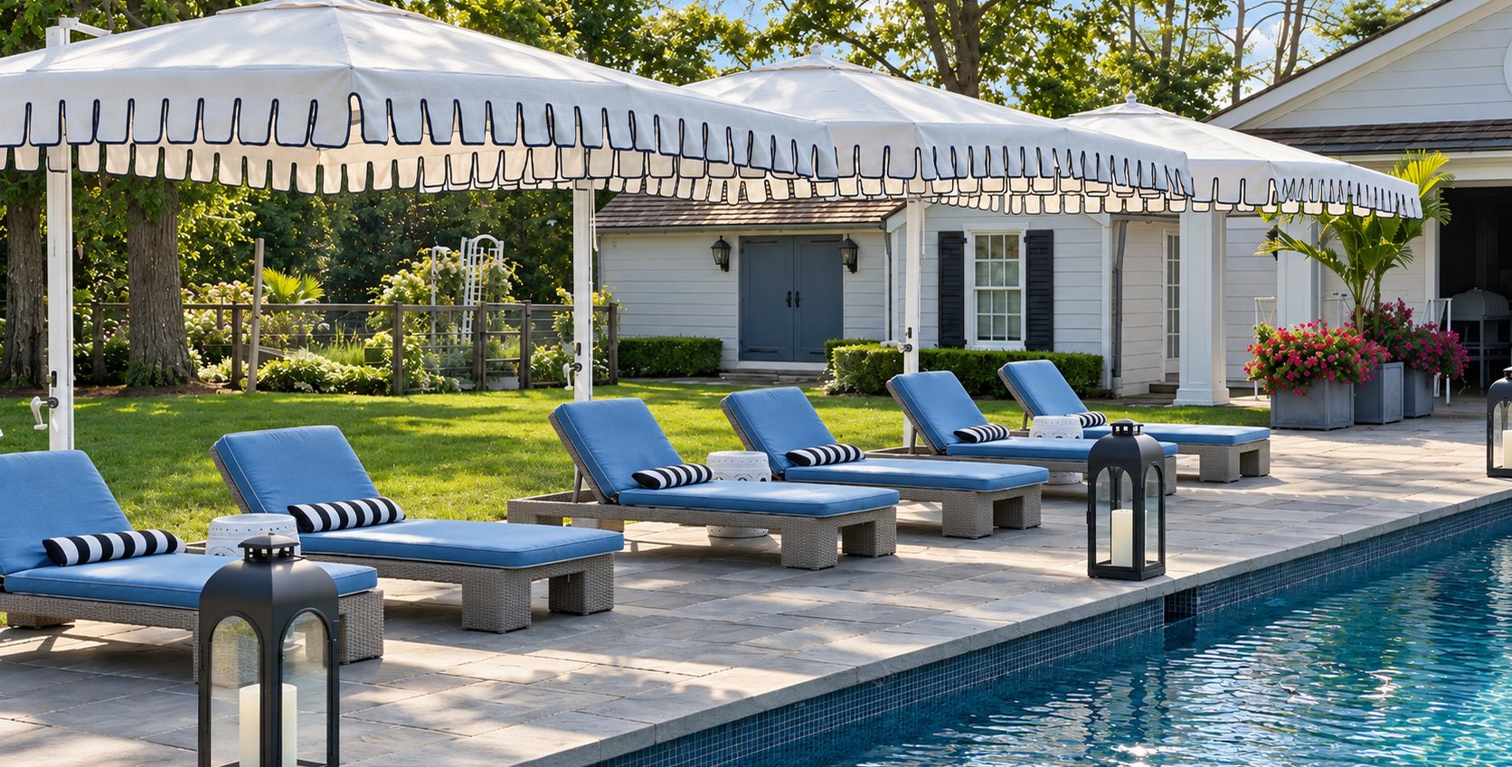 Blue loungers along a pool beneath a striped cabana awning