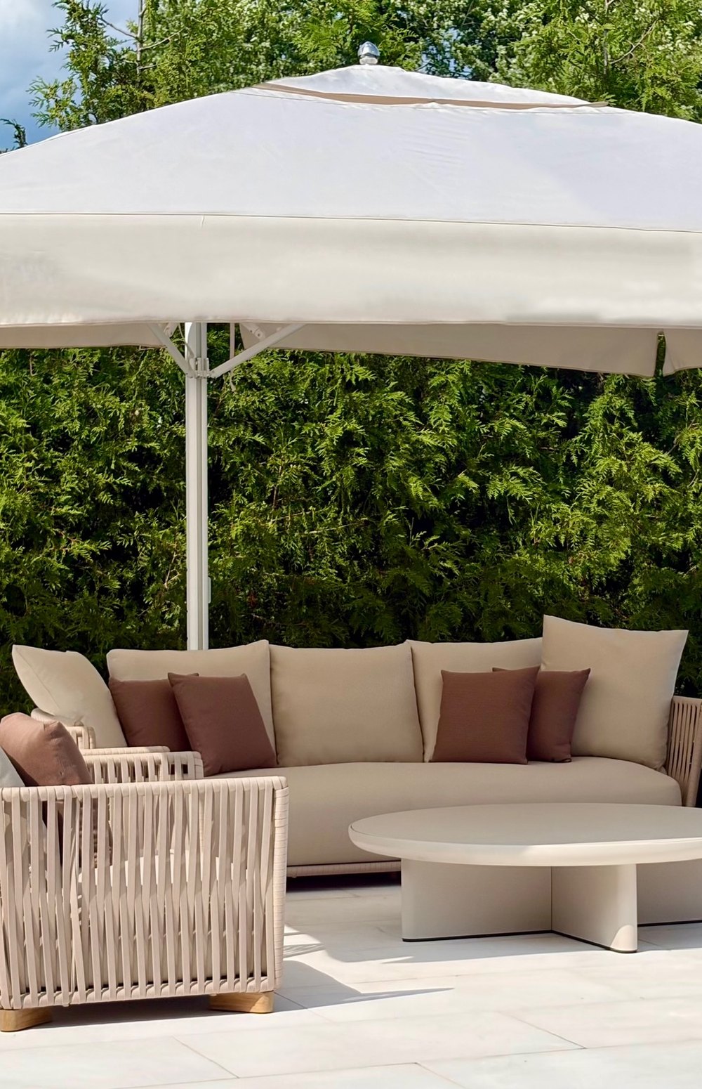Shaded outdoor lounge seating at the Ocean, NJ showroom