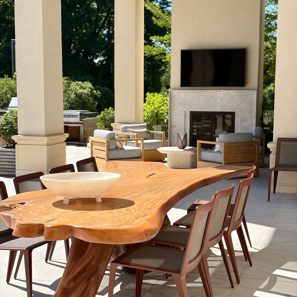 Live-Edge Dining. A sculpted table set for dinner.